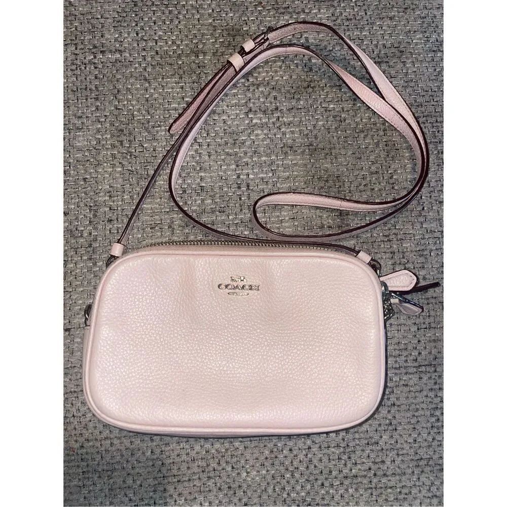 Coach Light Pink Pebbled Leather Mini Crossbody Bag double zip compartments